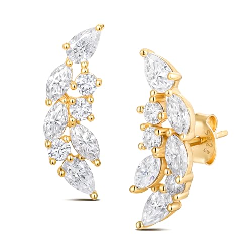 Moissanite 20mm Butterlfy/Flower/Leaf/Bezel Crawler Stud Earrings for Women, 925 Sterling Silver with Gold Plated, Hypoallergenic Cartilage Earrings, Valentines Birthday Anniversary Wedding Gift - color: Leaf - 2.96 Carat - Yellow Gold