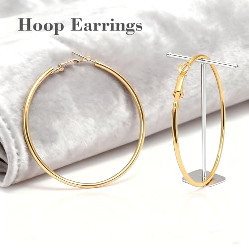 1 Pairs 60/70mm Silver 14K Gold Rose Gold Hoop Earrings for Women Hypoallergenic Stainless Steel Lightweight Big Hoops Shiny Dangle Earrings Trendy Jewelry Gifts - color: 60mm-Gold Hoop Earrings