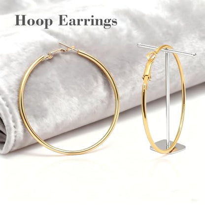 1 Pairs 60/70mm Silver 14K Gold Rose Gold Hoop Earrings for Women Hypoallergenic Stainless Steel Lightweight Big Hoops Shiny Dangle Earrings Trendy Jewelry Gifts - color: 60mm-Gold Hoop Earrings