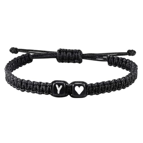 Valentines Day Gifts for Him Her Heart Love Letter Initial Matching Couple Bracelets for Women Men Teen Gifts Best Friend Graduation Birthday Gifts A-Z Braided Bracelet Son Daughter Dad Jewelry - color: Black-Y