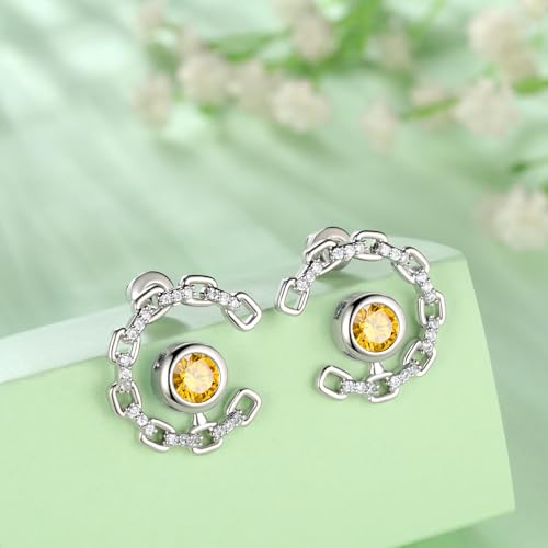 Elegant C-Shaped Crystal Stud Earrings with Birthstone Earring Silver Plated Fashion Jewelry for Women CE0003 - color: Yellow-November