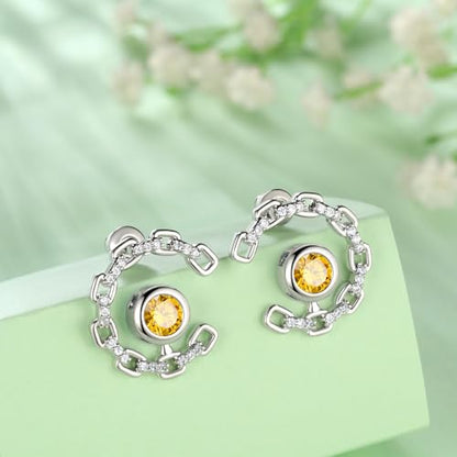 Elegant C-Shaped Crystal Stud Earrings with Birthstone Earring Silver Plated Fashion Jewelry for Women CE0003 - color: Yellow-November