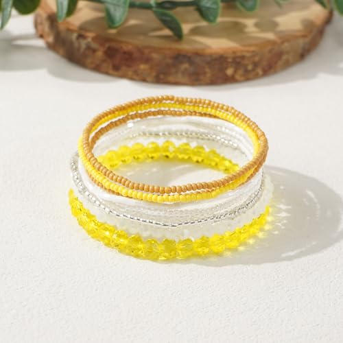 Handmade Stackable Rice Seed Beaded Ball Bracelets set for women, Romantic Boho Trendy Acrylic Glass Stretch Accessories Multi Layer Jewelry, Daily Wear Party Holiday Friendship Gift - color: Yellow