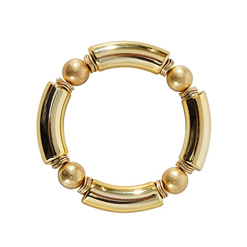LALAPPLE Gold Plated Beaded Acrylic Bamboo Tube Bangle Bracelets for Women, Colorful Chunky Curved Tube With Gold Plated Pieces Beads Stretch Bracelet Friendship Summer Beach Jewelry - color: N-gold