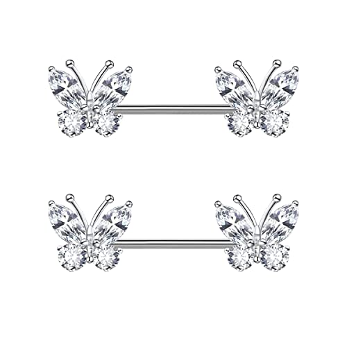 VERAMI 14G Stainless Steel Heart Nipple Rings and Barbell - Butterfly, Starlight Acrylic Ball, Tongue Rings for Women and Men - color: CZ-BUTTERFLY
