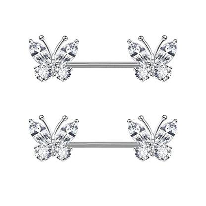 VERAMI 14G Stainless Steel Heart Nipple Rings and Barbell - Butterfly, Starlight Acrylic Ball, Tongue Rings for Women and Men - color: CZ-BUTTERFLY