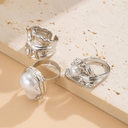 3/6 PCS Silver Chunky Pearl Rings Set for Women Gold Baroque Pearl Flower Open Ring Adjustable Crystal Large Ring Set Personalized Statement Knuckle Rings Fashion Costume Jewelry Accessories - color: silver