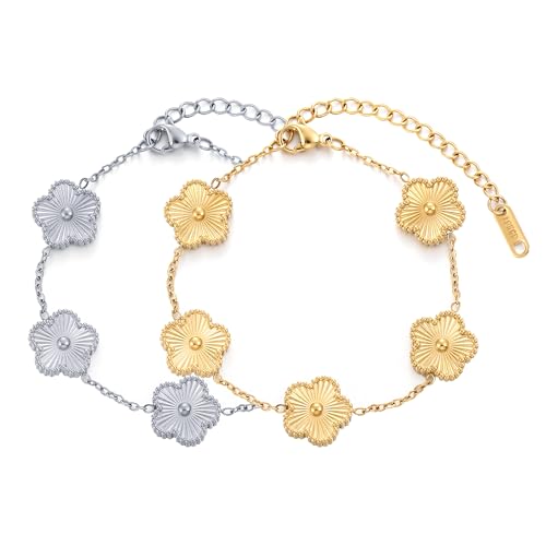 TICVSS Four Leaf Clover Bracelet for Women 18K Gold Plated Stainless Steel Lucky 4 Leaf Gold Link Bracelet Jewelry Gift for Women - color: Gold+Silver