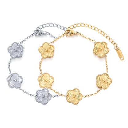 TICVSS Four Leaf Clover Bracelet for Women 18K Gold Plated Stainless Steel Lucky 4 Leaf Gold Link Bracelet Jewelry Gift for Women - color: Gold+Silver