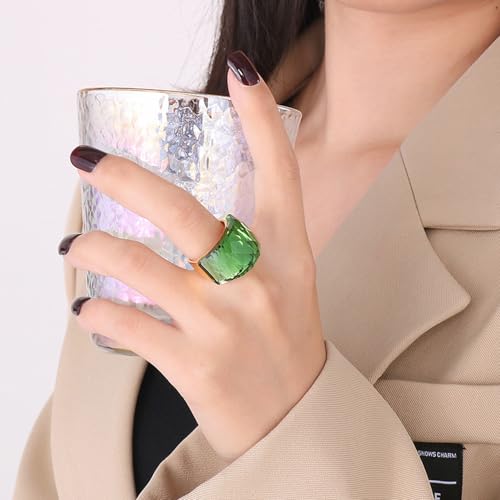 Crystal Glass Stainless Steel Band Ring Gold-Tone Plated Fashion Exaggerated Cubic Zirconia Rings Women's Stunning Large Statement Rhinestone Bands Cocktail Party Ring for Ladies Birthday - color: Green, size: 9