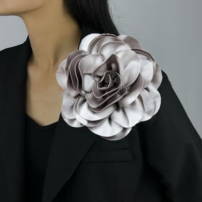 Dainty Satin Fabric Rose Flower Brooches 7.5in Extra Large Big Camellia Flower Brooches Lapel Pins for Women Wedding Party Dance Dress Clothes Accessories - color: Gray