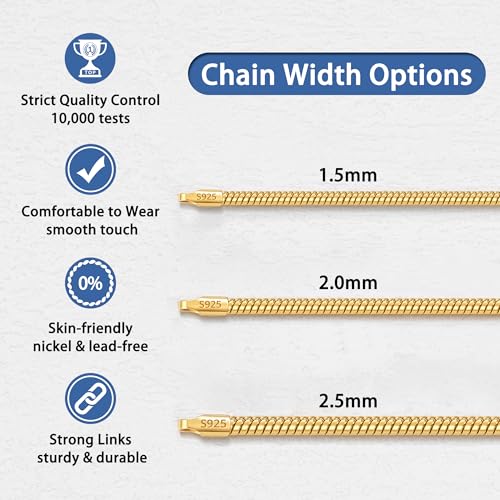 Jewlpire 1.5mm 2mm 2.5mm Snake Chain 18k Gold Plated 925 Sterling Silver Chain Necklace for Women, Smooth Sturdy Hypoallergenic, 16 18 20 22 24 Inch - color: 2.0mm-18K Gold Plated, size: 16 Inches