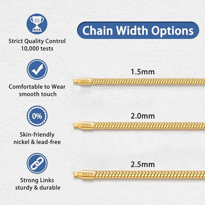 Jewlpire 1.5mm 2mm 2.5mm Snake Chain 18k Gold Plated 925 Sterling Silver Chain Necklace for Women, Smooth Sturdy Hypoallergenic, 16 18 20 22 24 Inch - color: 2.0mm-18K Gold Plated, size: 16 Inches