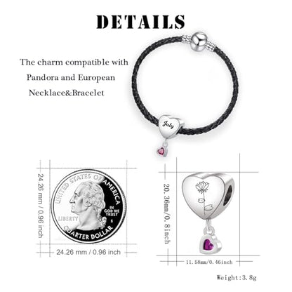 Birth Flower Heart Charm 12 Birthstone Bead for European Bracelet Necklace - style: July