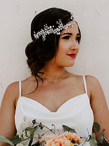 SWEETV Bridal Headpiece Silver Wedding Headband for Brides Hair Accessories | Pearl Hair Vine Rhinestone Hair Accessories for Women Bridal Headband, Wedding Hair Accessories Wedding Headbands for Brides