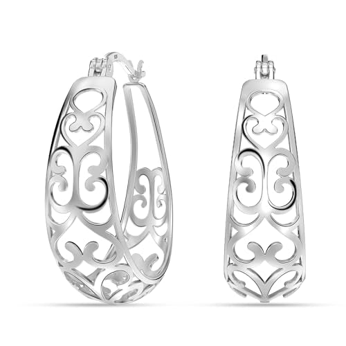 LeCalla 925 Sterling Silver Chunky Hoop Earrings | Filigree Heart Hoop Earrings for Women | Oval & Round Mesh Filigree Click-Top Hoops Earring | Hypoallergenic Earrings for Women - color: Silver Oval Filigree 24MM