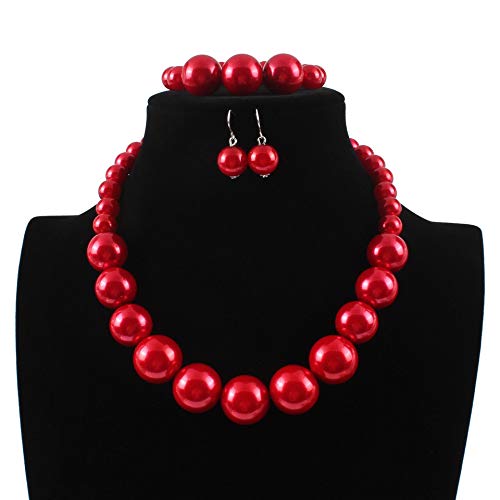 COLORFUL BLING Chunky Multicolor Simulated Pearl Choker Necklace Drop Dangle Earrings Bracelet Set Crystal Bib Big Large Round Beaded Strand for Women Brides Costume Statement 1920s Wedding Jewelry - color: Red1