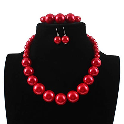 COLORFUL BLING Chunky Multicolor Simulated Pearl Choker Necklace Drop Dangle Earrings Bracelet Set Crystal Bib Big Large Round Beaded Strand for Women Brides Costume Statement 1920s Wedding Jewelry - color: Red1