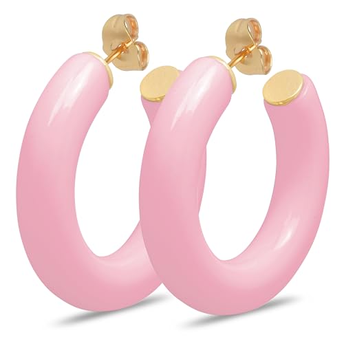 Gold Plated Multicolor Resin Chunky Thick Open Hoop Earrings in 57MM and 37.5MM Diameters - color: Pink - Pastel - Glossy Finish, size: 37.5MM (1.48") Diameter