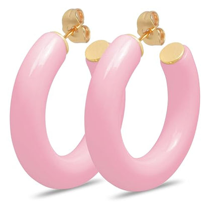 Gold Plated Multicolor Resin Chunky Thick Open Hoop Earrings in 57MM and 37.5MM Diameters - color: Pink - Pastel - Glossy Finish, size: 37.5MM (1.48") Diameter