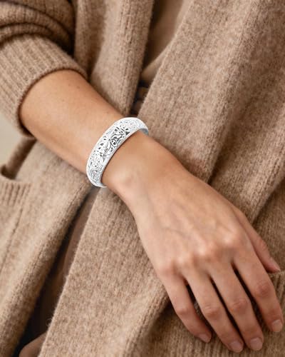 Intricate Floral Pattern Cuff Bracelet for Women - Sterling Silver Bangle, Bohemian Chunky Wide Bracelet Silver & Gold - color: Silver