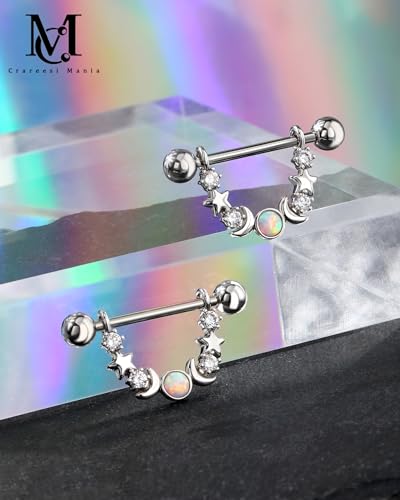 CM Crareesi Mania Opal Nipple Rings 316L Stainless Steel Nipple Shield Ring for Women 14G Moon Phase Nipple Piercing Jewelry - color: Silver-Star and Moon