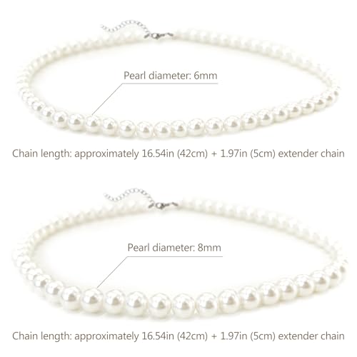 2 Pack Round Imitation Pearl Necklace – Wedding Pearl Necklace for Brides, 8mm & 6mm – Elegant Bridal & Everyday Jewelry, Handmade Pearls with Alloy Hooks