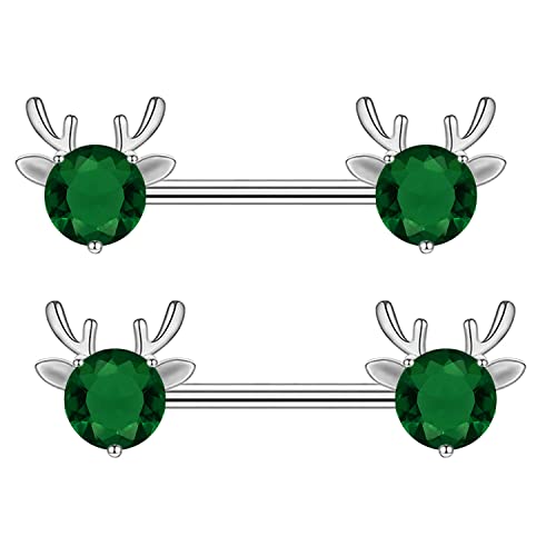 2PCS 14G 316L Stainless Steel Opal Nipple Rings Deer Head Nipple Barbell Nipple Piercings Jewelry for Women - color: Green