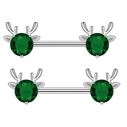 2PCS 14G 316L Stainless Steel Opal Nipple Rings Deer Head Nipple Barbell Nipple Piercings Jewelry for Women - color: Green