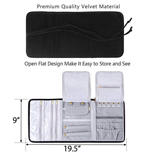 Teamoy Velvet Travel Jewelry Roll Organizer, Jewelry Storage Bag, Black | Foldable Jewelry Case for Necklaces, Earrings, Bracelets, Rings, Large, Soft, Compact and Easy to Carry - color: Velvet-Black