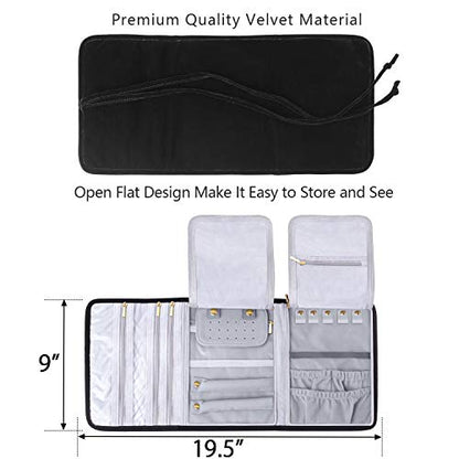 Teamoy Velvet Travel Jewelry Roll Organizer, Jewelry Storage Bag, Black | Foldable Jewelry Case for Necklaces, Earrings, Bracelets, Rings, Large, Soft, Compact and Easy to Carry - color: Velvet-Black