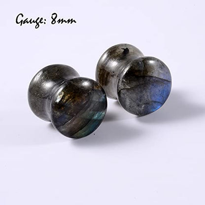 Pair Labradorite Stone Ear Flesh Tunnel Plugs Double Flared Plug Glow Stone Ear Gauges Expander - style: One Pair,0G(8mm)