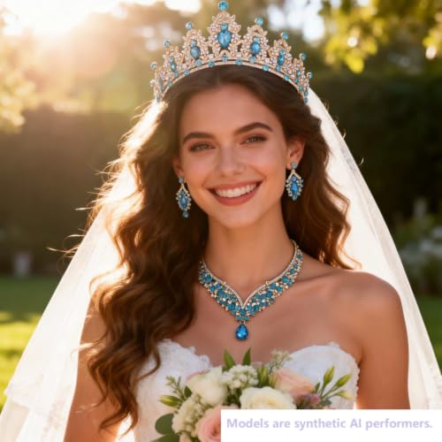 Kamirola Bridal Wedding Tiara Crown Jewelry Set for Women/Brides/Bridesmaids Crystal Jewelry Set for Wedding Prom Party Bridal Crystal Necklace Earrings Bracelet Set(TR60) - color: Gold Skyblue