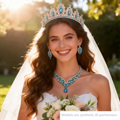 Kamirola Bridal Wedding Tiara Crown Jewelry Set for Women/Brides/Bridesmaids Crystal Jewelry Set for Wedding Prom Party Bridal Crystal Necklace Earrings Bracelet Set(TR60) - color: Gold Skyblue