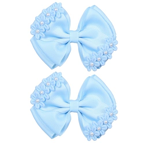 Light Blue Grosgrain Ribbon Bow Hair Clips 2pc 4" Pearl Flower Alligator Hair Pins Barrettes for little Teen Toddler Girls Kids Easter Summer Outfit Accessory Birthday Back School Gift - color: Light Blue