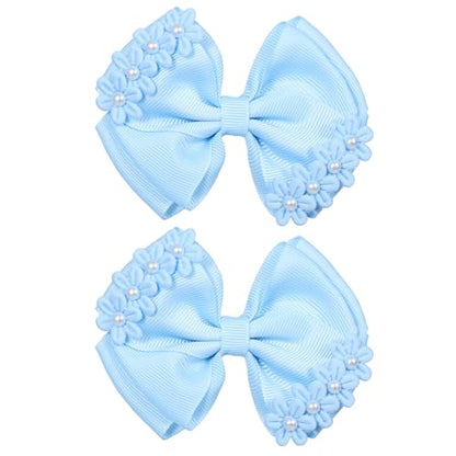 Light Blue Grosgrain Ribbon Bow Hair Clips 2pc 4" Pearl Flower Alligator Hair Pins Barrettes for little Teen Toddler Girls Kids Easter Summer Outfit Accessory Birthday Back School Gift - color: Light Blue
