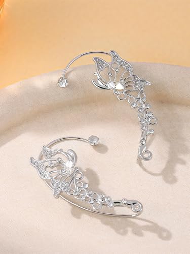 2Pcs Rhinestone Butterfly Earrings Ear Cuffs Non-Pierced Fake Earrings Butterfly Climber Wrap Around Earring Dainty Adjustable Ear Clip Jewelry for Women - color: StyleA-2 Pairs-Silver