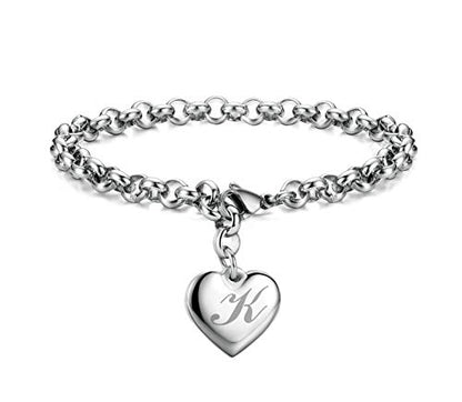 Monily Birthday Gifts for Women Initial Charm Bracelets for Women Letters Alphabet Heart Bracelet for Women - color: K: Heart