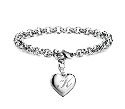 Monily Birthday Gifts for Women Initial Charm Bracelets for Women Letters Alphabet Heart Bracelet for Women - color: K: Heart