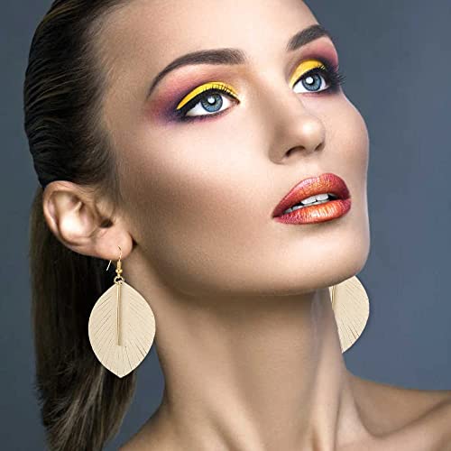 YUNXI Large Genuine Soft Leather Handmade Fringe Feather Lightweight Leaf with Simple Drop Metal Bar Tear Drop Dangle Color Earrings for Women - color: Beighe