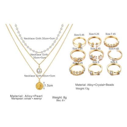 60 PCS Gold Jewelry Set with Multi-Layered Bracelet Necklace, Dangle Earrings, Stackable Ring For Women Valentine Anniversary Jewelry Pack Gifts For Her - color: A-GOLD