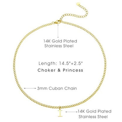 Gold Initial Necklace for Women, 3mm Cuban Link Letter Necklace, 14.5"+2.5" Adjustable Choker, Gold Plated A-Z Alphabet Pendant Necklace, Personalized Jewelry Gift for Her - style: I