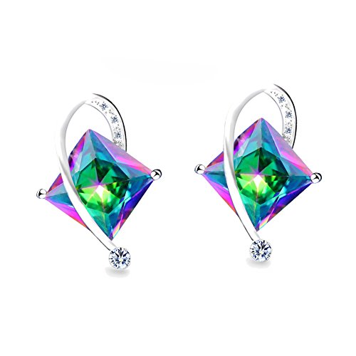 Uloveido Charm Created Topaz Big Square Crystal Necklace Matching Stud Earrings Rings Jewelry Set T295 - color: Rainbow
