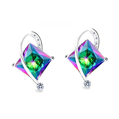 Uloveido Charm Created Topaz Big Square Crystal Necklace Matching Stud Earrings Rings Jewelry Set T295 - color: Rainbow