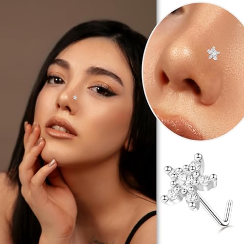 35-70 PCS 18G 20G Nose Rings for Women & Men - Gold Hoops, L Shape, Studs & Screw - 316L Surgical Stainless Steel - color: Silver-Clear CZ-20G-20pcs