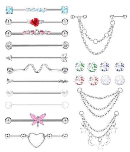 TIANCI FBYJS 7-16pcs 14G Stainless Steel Industrial Piercing Barbell Earring Cartilage Body Jewelry 38mm 1&1/2 Inch Industrial Piercing Bar for Women Men Snake Chain Dangle - color: new set mix color