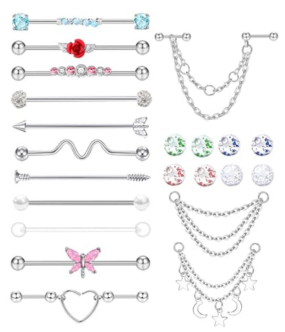 TIANCI FBYJS 7-16pcs 14G Stainless Steel Industrial Piercing Barbell Earring Cartilage Body Jewelry 38mm 1&1/2 Inch Industrial Piercing Bar for Women Men Snake Chain Dangle - color: new set mix color