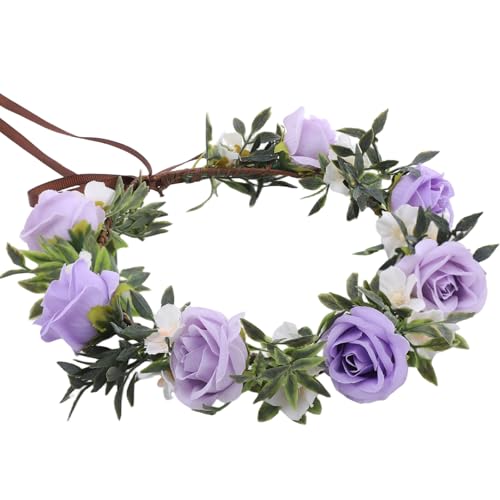 Fairy Purple Flower Crown Headband, Boho Rose Floral Headpiece | Artificial, Adjustable Fairy Woodland Headbands, Women Maternity Wedding Renaissance Festival Birthday Party Accessories - color: White-purple