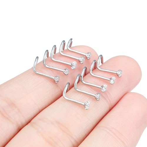 Hoeudjo Nose Studs Surgical Steel Cubic Zirconia Nose Rings Kit for Women Men Tiny Nose Stud Bone & Screw & L Shaped Nostril Piercing Jewelry 24/22/20/18 Gauge 10 Pieces - color: silver-tone,screw nose studs, size: 20g/2mm clear CZ