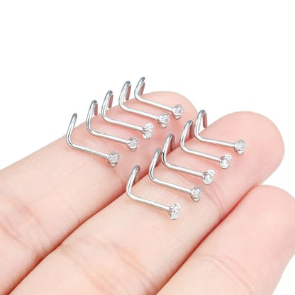 Hoeudjo Nose Studs Surgical Steel Cubic Zirconia Nose Rings Kit for Women Men Tiny Nose Stud Bone & Screw & L Shaped Nostril Piercing Jewelry 24/22/20/18 Gauge 10 Pieces - color: silver-tone,screw nose studs, size: 20g/2mm clear CZ